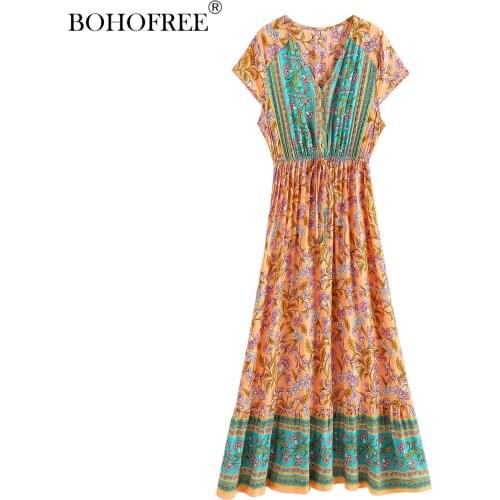 Vintage Boho Long Dress V NeckShort Sleeve Button Down Floral Print maxi Hippie Vestidos Mujer Casual Bohemian Rayon Dresses
