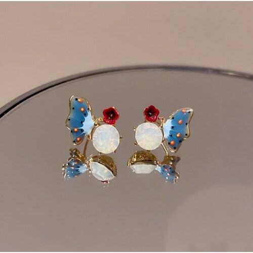 VSnow Summer Korean Butterfly Red Flower Circle Rhinestone Dangle Earring for Women Fashion Plant Animal Earring Holiday Jewelry