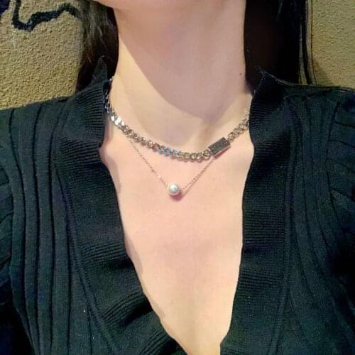 New Hip Hop Pearl Necklace Women Stainless Steel Butterfly Clavicle Chain Letter Double Layer Pendant Necklace Girl Luxury Gift