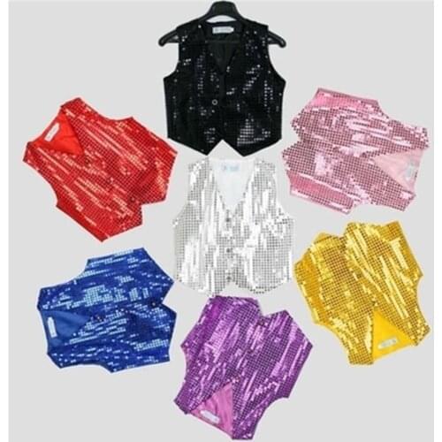 14Style Kids Jazz Dance Costumes Sequined Vest Hip Hop Shining Stage Performance Tops Vest for Boys Dancing Outfit Wear