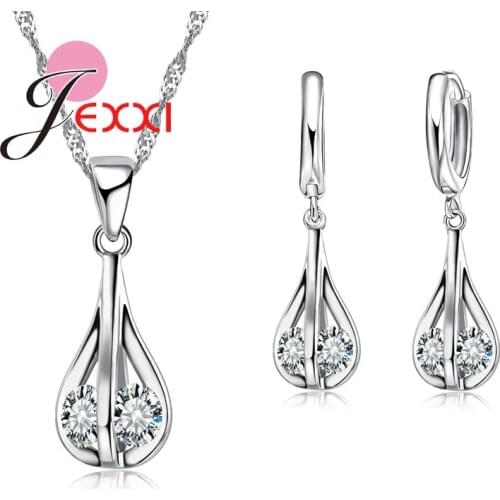 Trendy 925 Sterling Silver Bridal Jewelry Sets African AAA Crystal Water Drop Pendant Necklace Earrrings for Women