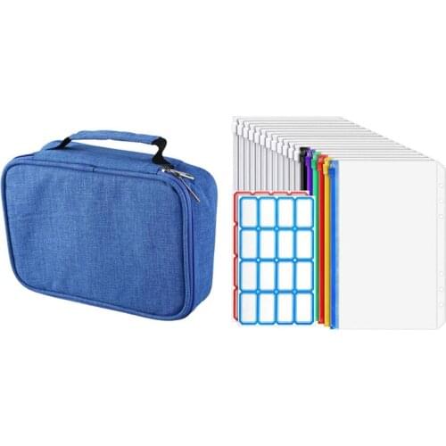 1x School Pencil Cases 72 Holes Pen Box Blue & 12x Transparent Bags, 6 Zipper Binder Envelopes