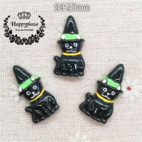 10pcs Resin Halloween Black Cat with Hat Flatback Cabochon Miniature Art Supply Decoration Charm Craft,14*27mm