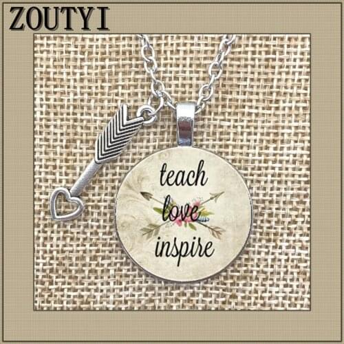 2018/New TEACH LOVE INSPIRE, teacher charm alloy glass pendant necklace, inspiration for teaching, teachers gift