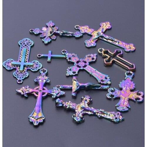 Vintage Rainbow Color Cross Charms Alloy Faith Jesus Crosses Pendant For Women Necklaces Bracelet Jewelry Making Accessories