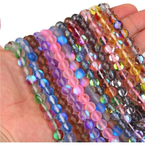 6/8/10mm Smooth Frosted Austria Crystal Glitter MoonStone Beads Matte Polished Glass Round Loose Beads For Jewelry Making 15"