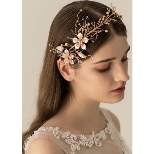 Flower Crystal Bridal Headpiece Gold Wedding Headband for Brides Pearl Hair Vine Rhinestone Hair Accessories for Women