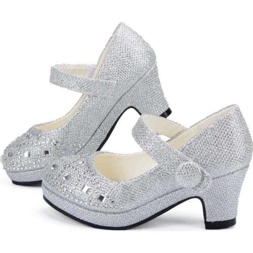 Children Princess Shoes for Girls Sandals High Heel Glitter Shiny Rhinestone Enfants Fille Female Party Dress Shoes