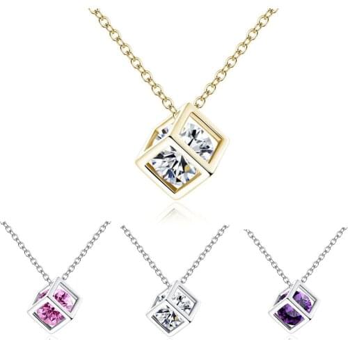 Exquisite Square Rubiks Cube Shape Crystal Three-dimensionalPendant Necklace CZ Women Females Chocker Clavicle Candy Jewelry