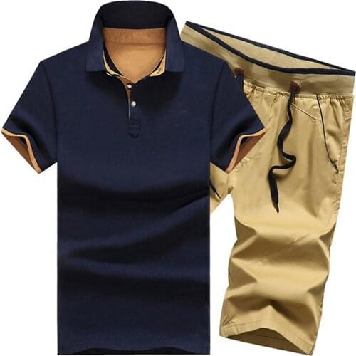 Cotton Mens Clothing Sets Summer Button Polo Shirts Sets Mens Shorts 4XL Men Clothes 2 Piece Set Tracksuit Elastic Waist Shorts