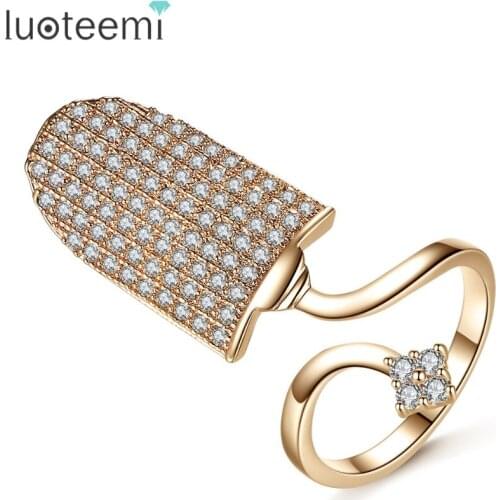 LUOTEEMI New Rose White Gold Color Nail For Female Flower Embellishment Cubic Zirconia Adjustable Size Punk Finger Ring Jewelry