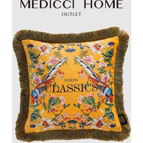 Medicci Home Chinoiserie Chinese Pillow Covers Ancient Yellow Bird Flower Pattern Luxury Fringe Cushion Case Chic Interior