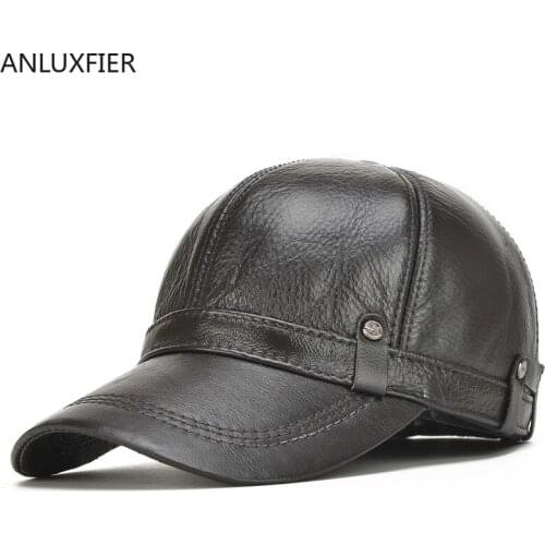 Male Genuine Leather Hat Cowhide Baseball Cap Adjustable Ear Mens Elderly Thick Outdoor Baseball Cap New Year Gift B-7128