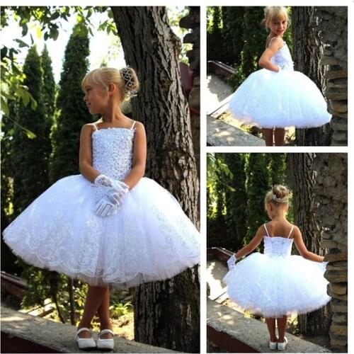 Newest White Toddler Spaghetti Strap Short Lace Beading Flower Girl Dresses For Wedding Knee Length Beaded Girl Dresses