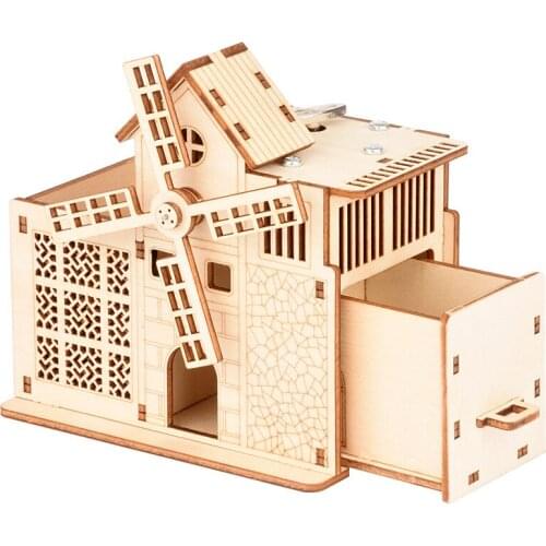 Educational toys 3D insert DIY wooden three-dimensional jigsaw windmill clockwork music box pen holder boxed wood decoration
