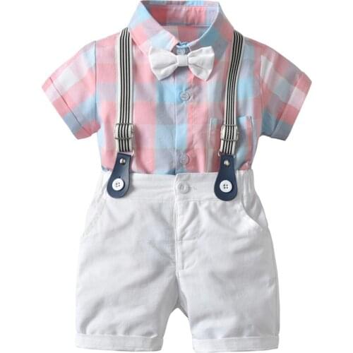 6M-4Y Kids Baby Boy Clothing Gentleman Suits Wedding Party Formal Tuxedo Plaid Bow Tie Romper Strappy Bids Shorts 2Pcs Boy Sets