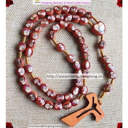 Oval wooden icon beads religious rosary necklace with double sides with epoxy