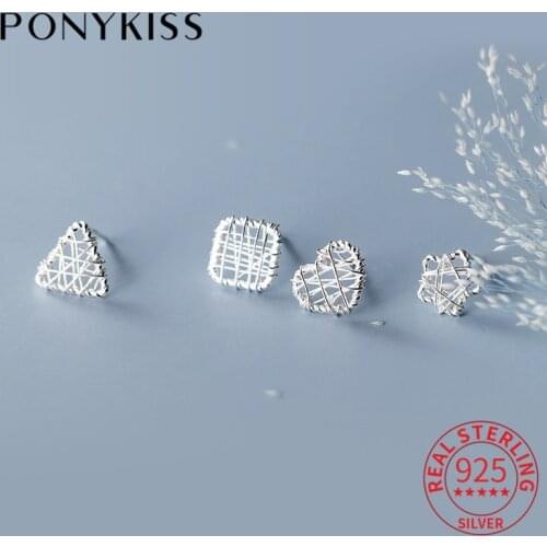 PONYKISS Classic 925 Sterling Silver Stars Square Round Geometry Hollow Stud Earrings for Women Party Fine Jewelry Accessory