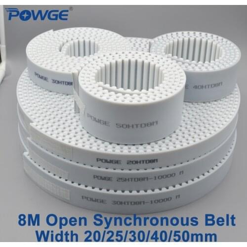 POWGE Arc Tooth PU White HTD 8M Open Timing belt Width 20/25/30/40/50mm Polyurethane steel 8M-30mm HTD8M Synchronous Belt pulley