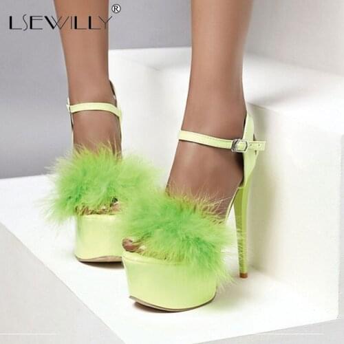Lsewilly 7 Candy Colors Sexy Women Super High Heel 16CM Sandals Fur Platform Party Dress Wedding Nightclub Shoes Large Size