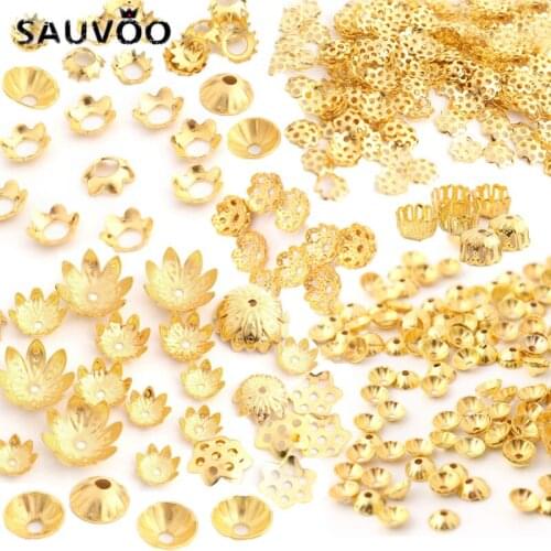 SAUVOO 100pcs Metal Mixed Size Flower Bead End Caps Charm Connector Gold Bead Cap Needlework Diy Accessories End Caps