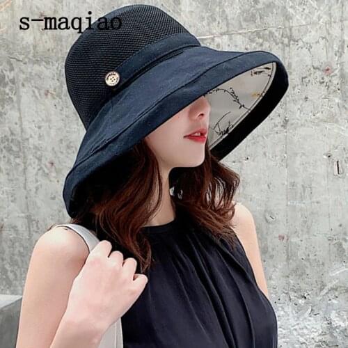 2020 anti-UV Wide Brim Cotton Linen Sun Hat for Women Vacation Summer Panama Foldable Bucket Hat Large Brim Korean Beach Sun Hat