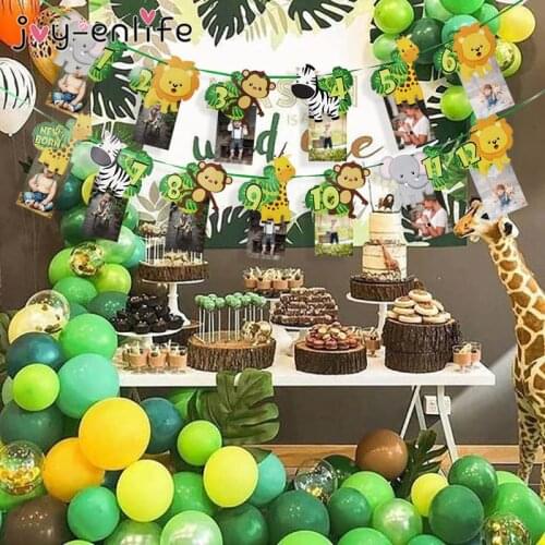 Jungle Animal Theme 1-12 Months Photo Frame Banner Baby 1st Birthday Decorations Baby Boy Girl My First One Year Party Supplies