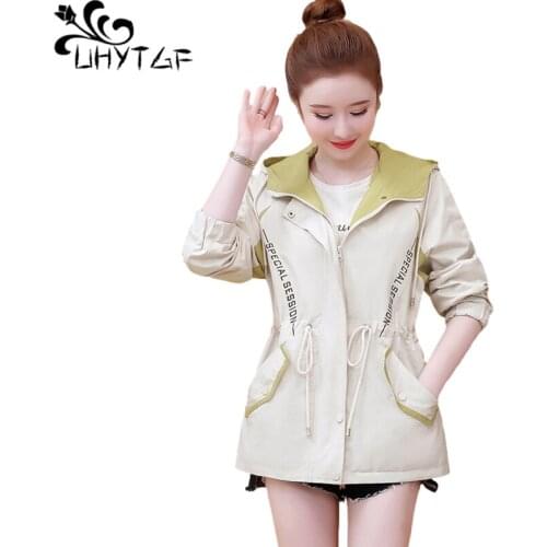 UHYTGF Women Spring Trench Coat Fashion Hooded Casual Female Student Outwear Mid-Length Slim Plus Size Windbreaker Overcoat 1357