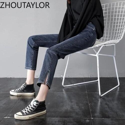 ZHOUTAYLOR Women Jeans Fashion High Waiseed Button Trousers Femme Straight High Street Autumn New Ankle-Length Pants Female