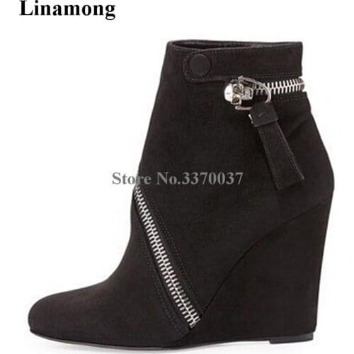 Women Fashion Round Toe Suede Leather Zipper Design Wedge Short Boots Black Blue Height Increasing Ankle Booties Causal Shoes
