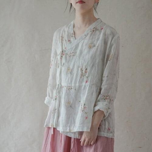 Johnature Women Chinese Style Shirts And Tops Print Floral Ramie V-Neck Belt Blouses 2021 Summer New Loose Female Quality Shirts