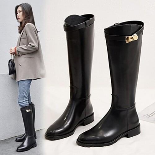 Knee-High Boots Women Genuine Cowhide Hardware Buckle Decoration Luxury Shoes Winter Wearing Fashion Ladies