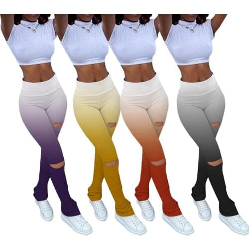 Women Sport Pants Yoga Long Running Pants Gradient Stretchy Workout Hollow Design Wide Waist Band Tummy Control Pants