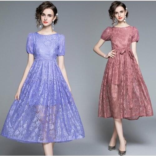 2021 summer fashion temperament women Vintage Lace Midi Dresses short Sleeve Elegant Casual Dress Vestidos