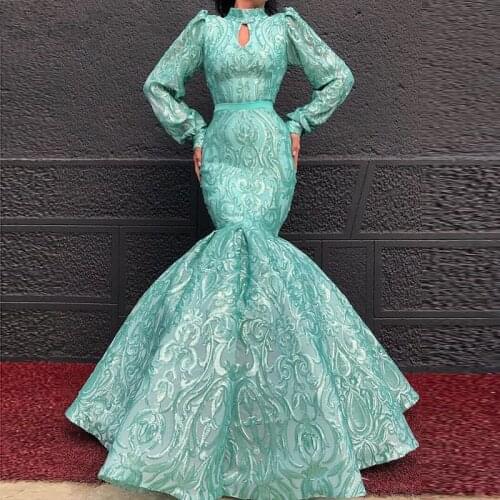 Elegant High Neck Long Sleeve Evening Dress Mermaid Full Lace Chic Prom Dresses Pageant Formal Gown Robe de soiree Abendkleider