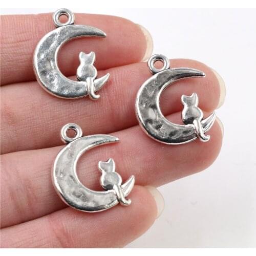23x18mm 15pcs Antique Silver Plated Moon Cat Handmade Charms Pendant:DIY for bracelet necklace-Q5-35