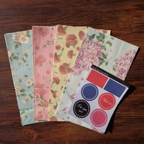 24sets Stand up Paper Bags Flower Printing Paper Favor Bags Open Top Paper Gift Bags With Seal Sticker