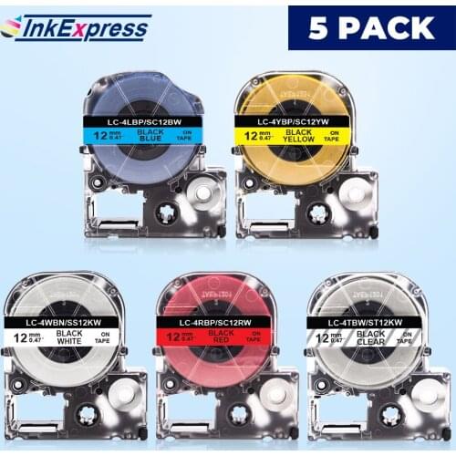 5Pcs 12mm Tape For Epson SS12KW SC12RW SC12YW SC12BW SC12GW Label Tape For Epson LW-300 LW-400 Label Maker King Jim LC-4WBN
