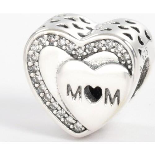 Free Shipping Authentic 925 Sterling Silver MOM Heart Love Charm Fit Original Pandora Bracelets For Women DIY Jewelry Beads