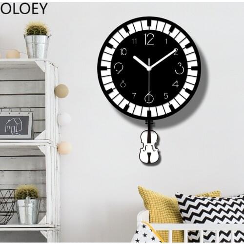 Black Pendulum Clocks Wall Large Luxury Creative Wall Clock Acrylic Decorative Keys Swing Music Classroom Violin Decor Farmhouse