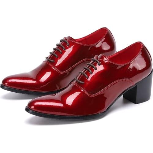 Burgundy Patent Genuine Leather Mens High Heels Men Dress Shoes Gentleman Lace Up Oxford Western Fashion Daily Wedding Shoes