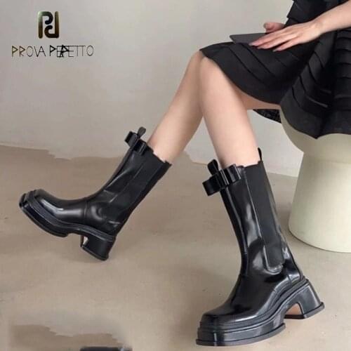 Square-toe Thick-soled Chelsea Boots 2021 Autumn and Winter New Medium Tube Cowhide Boots Bow Single Boots Women Thin Boots