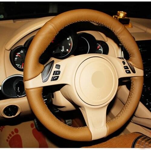 All Brown Leather & Brown Thread Steering Wheel Hand Sewing Wrap Cover Fit For Porsche Cayenne / Panamera 2010-2011