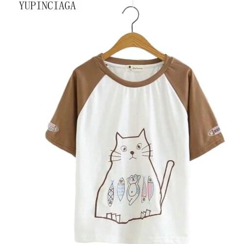 Summer New t shirt women harajuku Japan Style Cute Cartoon Cat Fish Embroidery Funny Cotton Tee Top Short Sleeve Casual T shirts