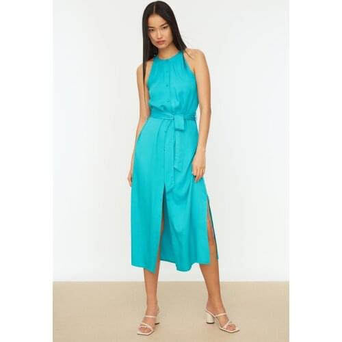Emerald green Belted Shirt Dress TWOSS19XM0112 Shift Button Viscose Maxi Solid Color Woven Trend Halter-Neck