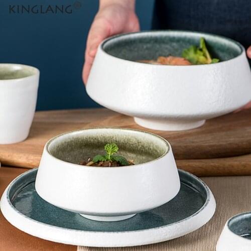 KINGLANG NEW Nordic Style Retro Klin Glazed Bowls Pottery Noodles Bowl Blue Green Color Soup Bowl Wholesale Tableware