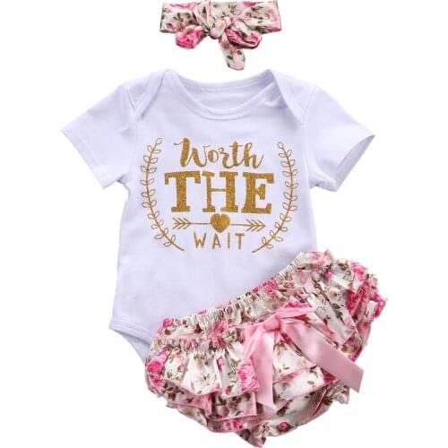 Newborn Infant Baby Girls Outfits Sets Letter Print Short Sleeve Romper+Floral Bowknot Shorts+Headband 3Pcs Clothes Sets 0-24M