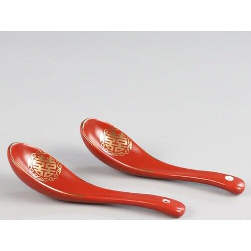 Red Spoon Ceramic Spoon Chinese Style Wedding Household Couple Wedding Supplies Festive Spoon