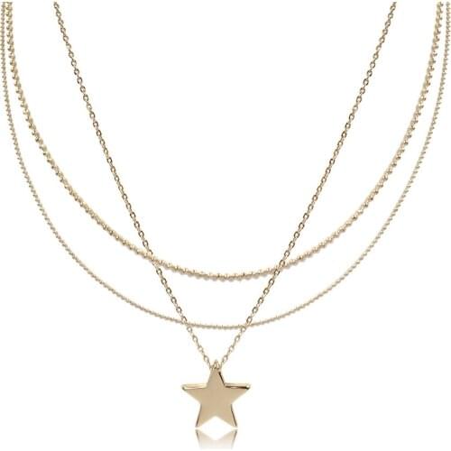 Lovely Gold Color Plating Star Through Chain Three Layered Necklace For Women Girl Girly Delicate Simple Basic Jewelry Accessory