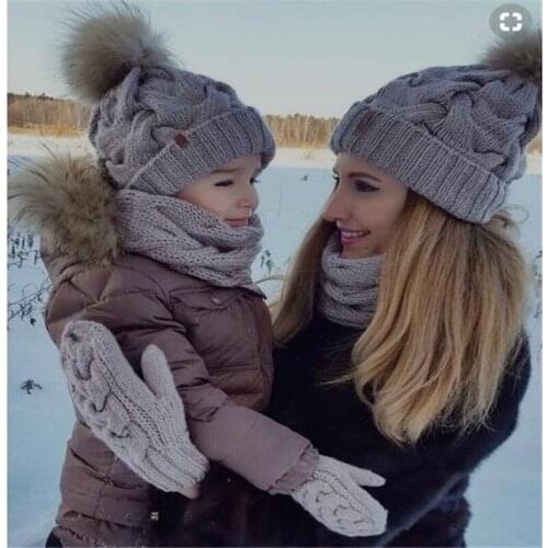 Fashion Parent-child Hat Cute Infant Baby Winter Hat Lovely Fur Ball Hat Mother Kids Warm Knitted Hat Newborn Beanie Cap